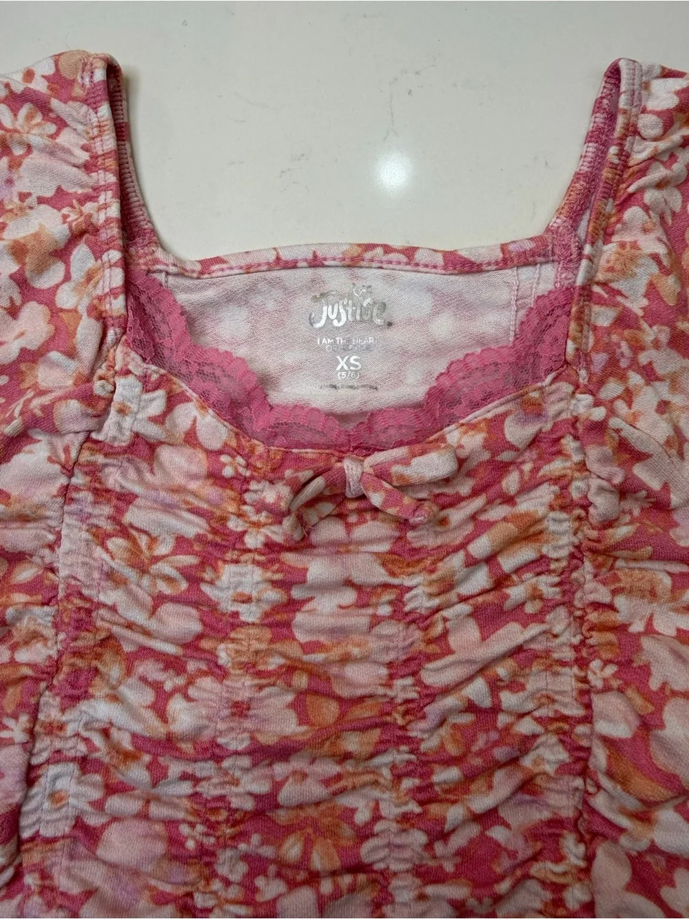 Justice Girls Floral Ruched Top Size XS 5/6 Pink Puff Sleeve Cottagecore Shirt